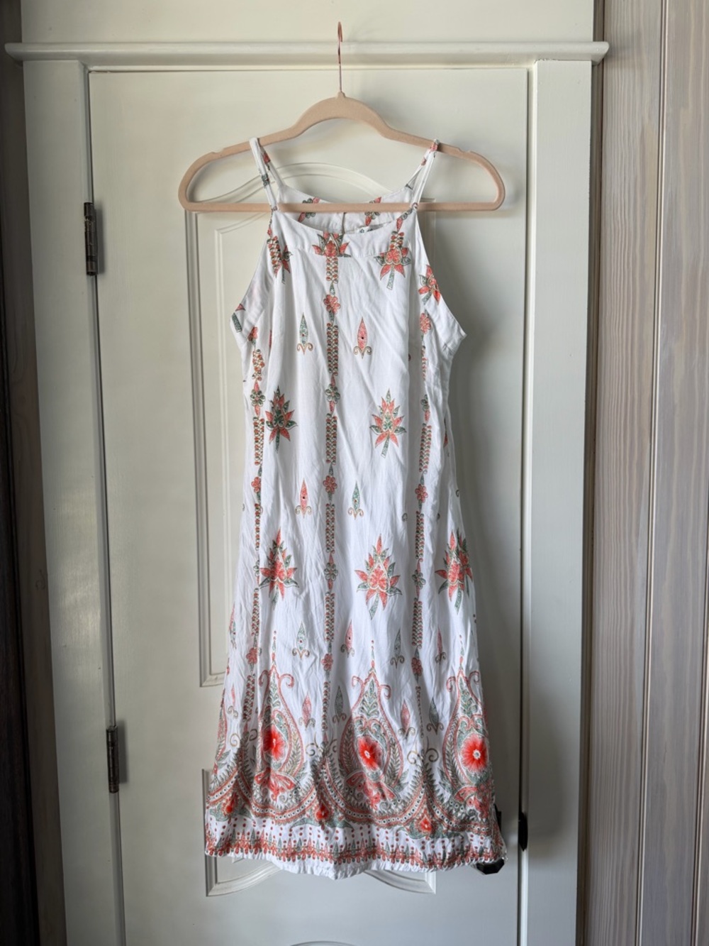 White 100% Rayon Midi Dress with Coral Floral Print